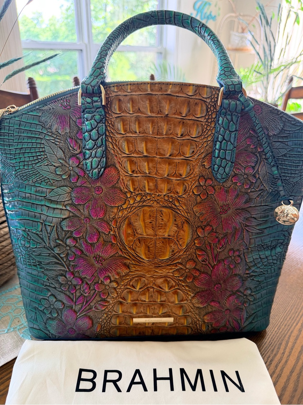 Rare Brahmin Teal , Pink & Golden Brown Embossed Floral Satchel